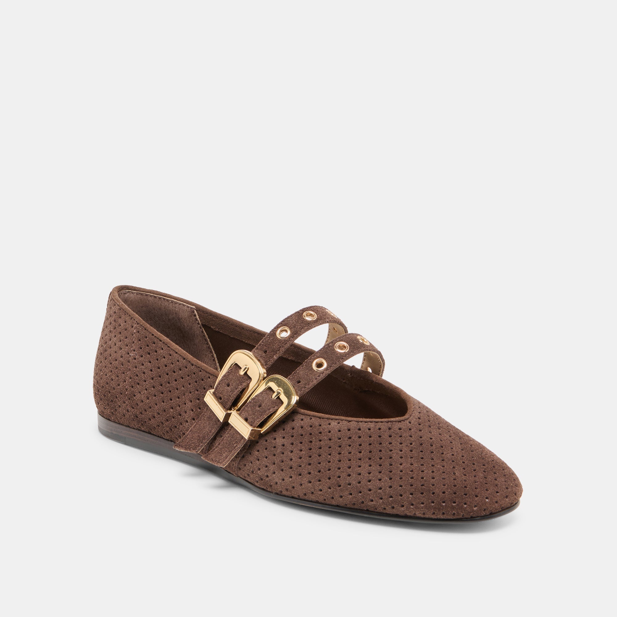 BAYLEE GROMMET BALLET FLATS DK BROWN PERFORATED SUEDE