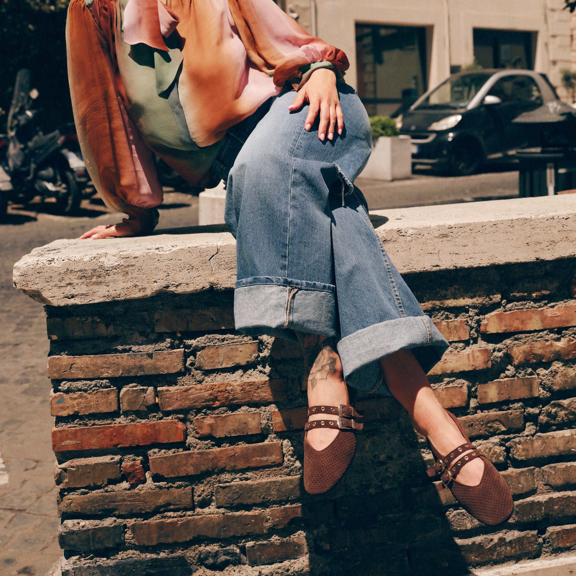 BAYLEE GROMMET BALLET FLATS DK BROWN PERFORATED SUEDE