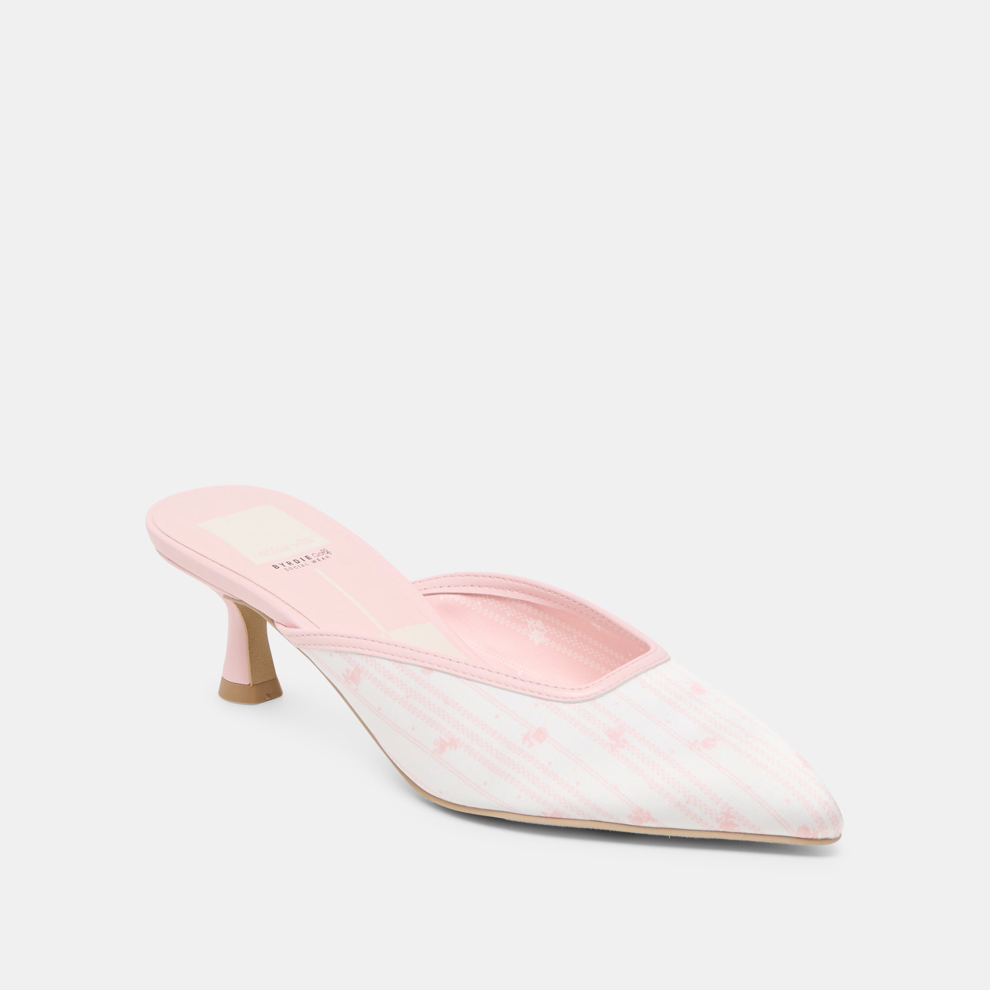 CLEO X BYRDIE GOLF HEELS PINK FLORAL SATIN